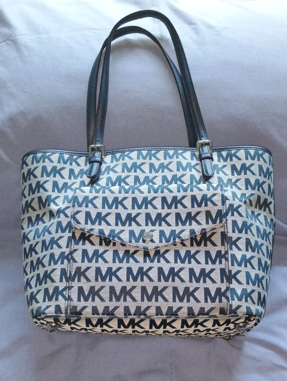 Michael Kors Jet Set Signature Jacquard Medium Pocket Tote Bag in Blue/Grey
